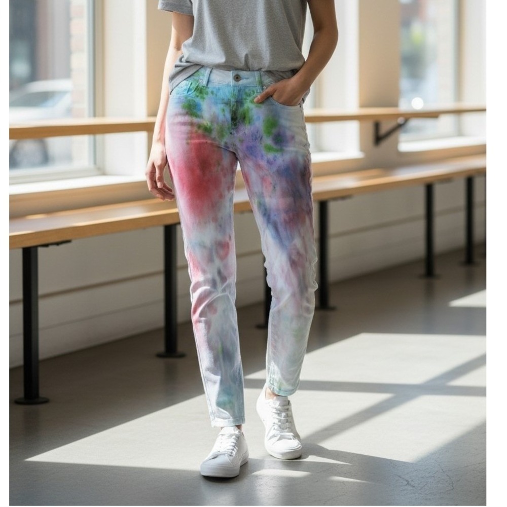 Womens Multicolor Tie Dye Straight Leg Pants Mid Rise Artistic Jeans Size Large